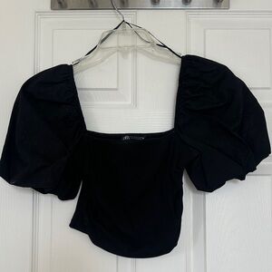 Zara Croppex Black Puff Sleeve Blouse